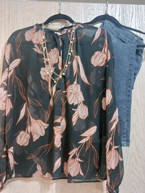 Womens Sheer Tunic Blouse L Floral Print CoverUp Shirt